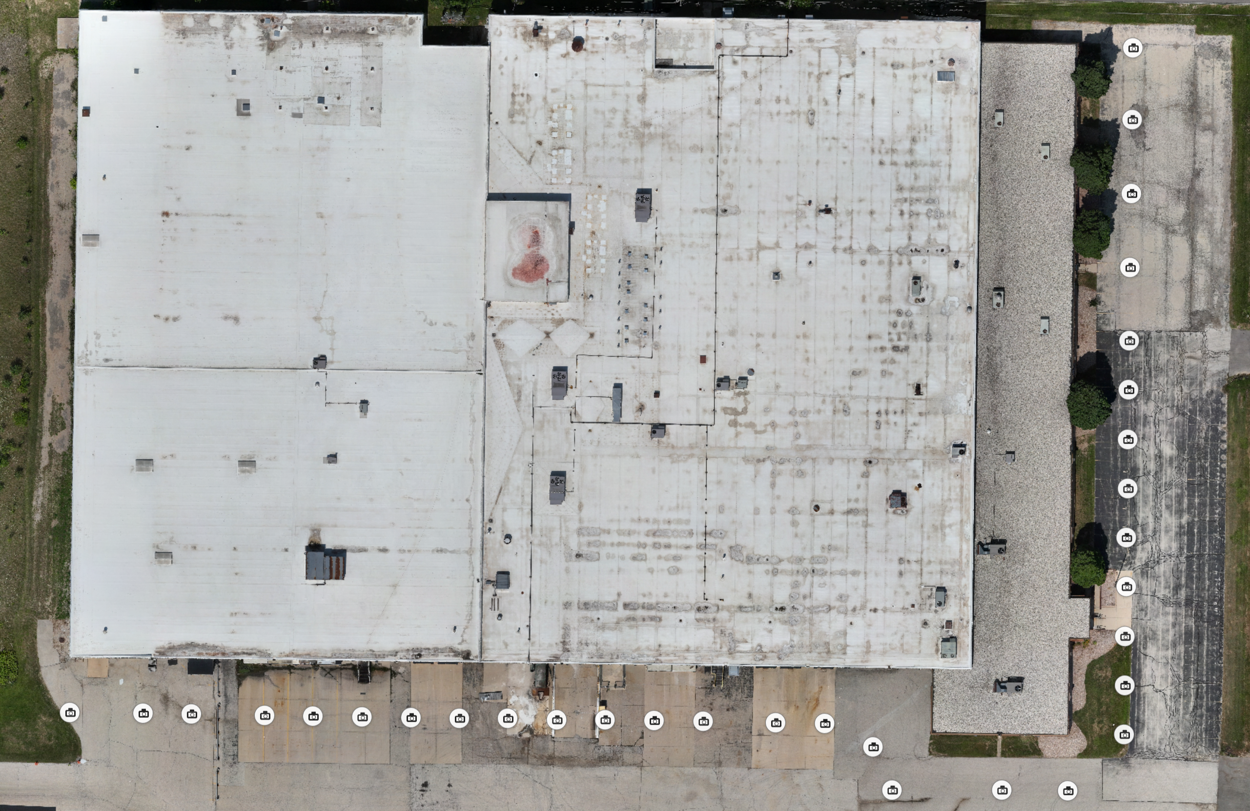 Commercial property orthomosaic with mapped exterior camera positions in Milwaukee, Wisconsin
