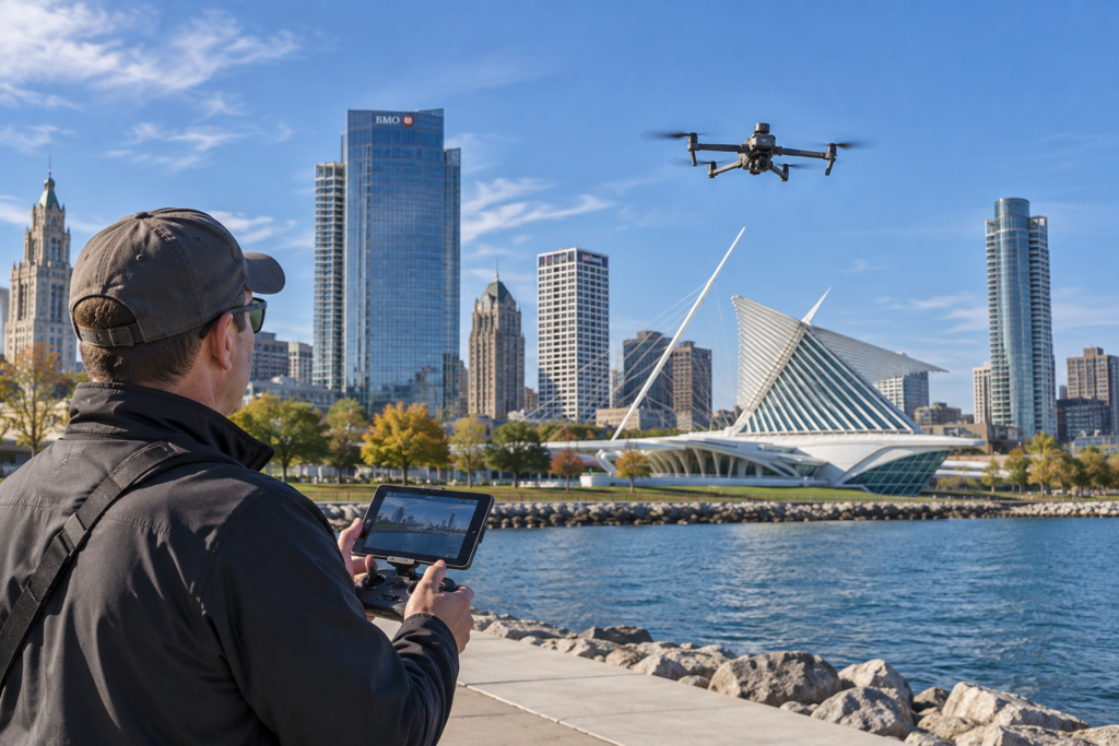 Drone field operation near the Milwaukee Art Museum